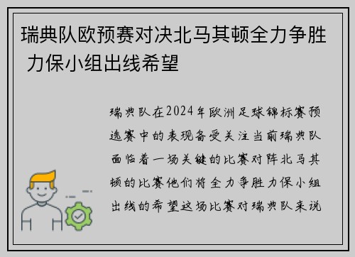 瑞典队欧预赛对决北马其顿全力争胜 力保小组出线希望
