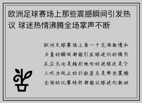 欧洲足球赛场上那些震撼瞬间引发热议 球迷热情沸腾全场掌声不断