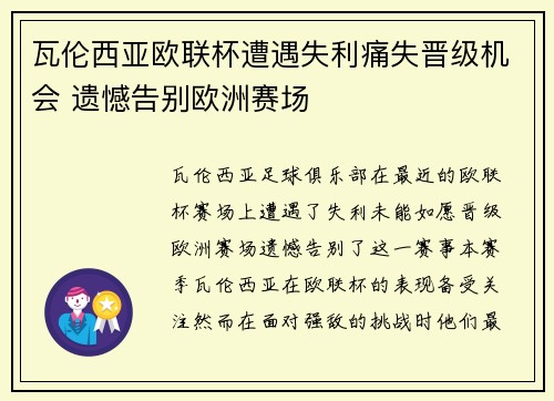 瓦伦西亚欧联杯遭遇失利痛失晋级机会 遗憾告别欧洲赛场