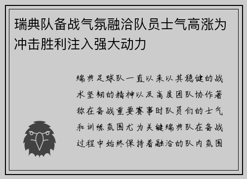 瑞典队备战气氛融洽队员士气高涨为冲击胜利注入强大动力